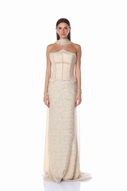 Beiges Satin Bustier Top Pailletten Meerjungfrau Abend Set